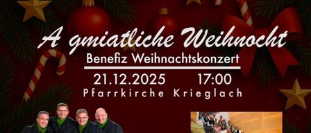 Ein festliches Weihnachtscharitykonzert am 21.12.2025 um 17:00 in der Pfarrkirche Krieglach mit einer Gruppe von Musikern.