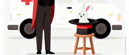 Ein Magier steht neben einem Krankenwagen mit einem roten Kreuz und führt einen Trick mit einem Hasen in einem Hut durch. Unten steht 'Rotkreuzball 31. Jänner 2026'.