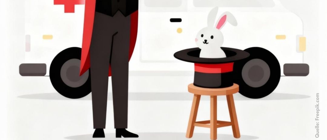 Ein Magier steht neben einem Krankenwagen mit einem roten Kreuz und führt einen Trick mit einem Hasen in einem Hut durch. Unten steht 'Rotkreuzball 31. Jänner 2026'.