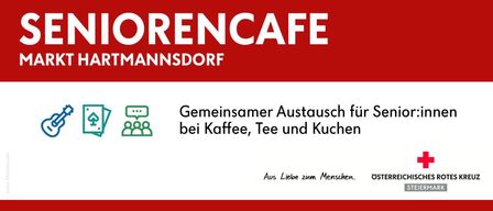 Ein roter Banner mit weißem Text zeigt 'DORENCAFE HANNSDORF'. Darunter ist ein Bild eines Konversationssymbols mit Menschen und dem Slogan 'Gemeinsamer Austausch bei Kaffee, Tee und Kuchen'. Unten steht 'Aus Liebe zum Menschen' in kleinen Buchstaben.