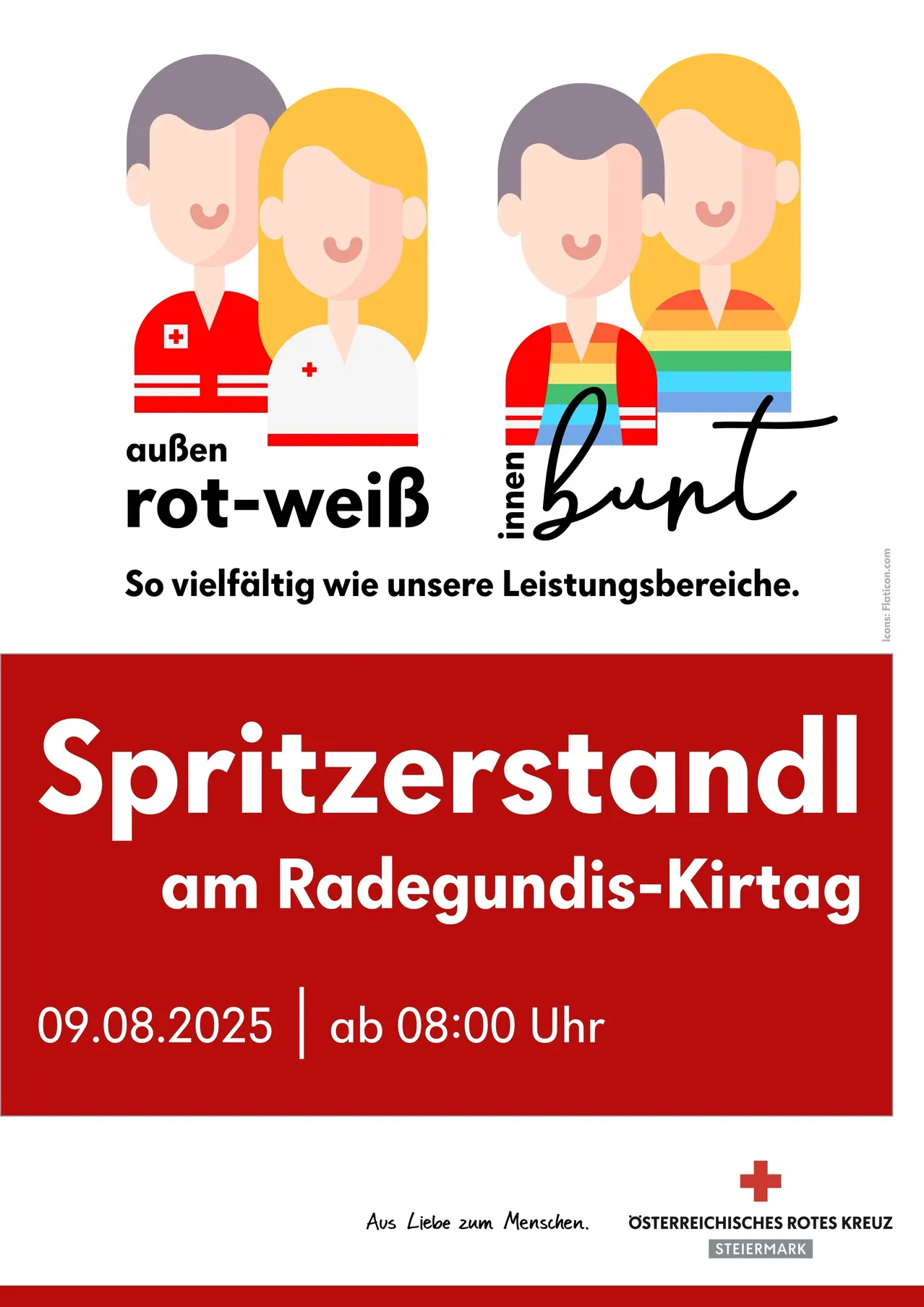 Plakat für einen Blutspendestand beim Radegundis-Kirchtag am 09.08.2025 ab 08:00 Uhr. Illustration zeigt Menschen in roten und weißen Uniformen mit verschiedenen Hintergründen.