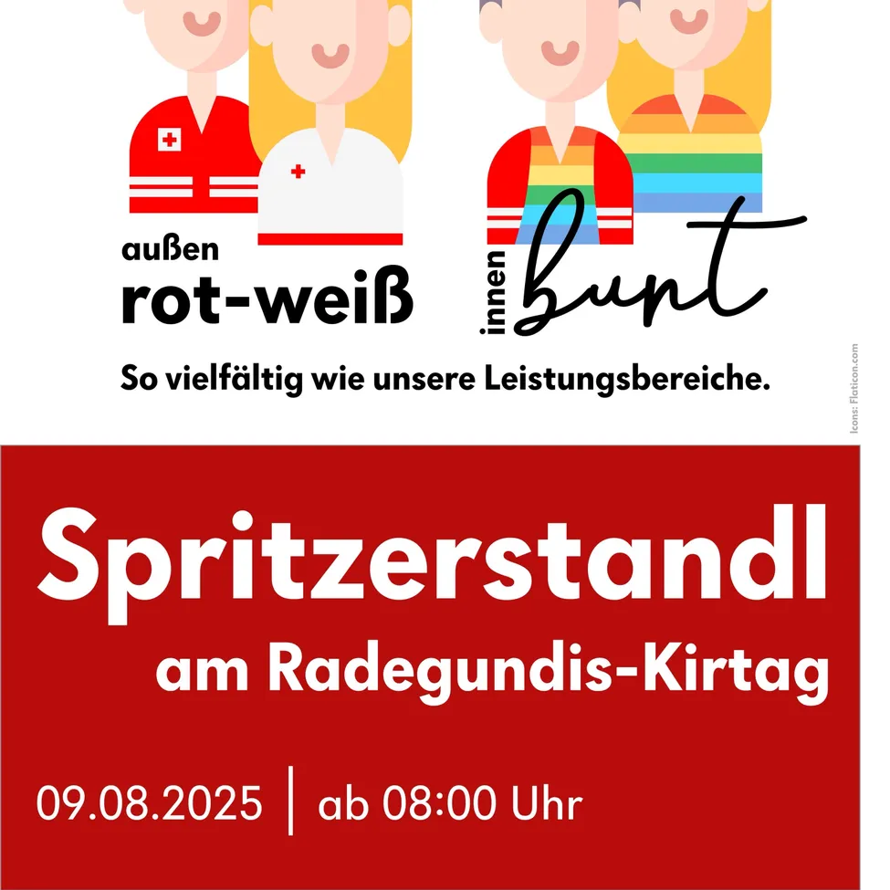 Plakat für einen Blutspendestand beim Radegundis-Kirchtag am 09.08.2025 ab 08:00 Uhr. Illustration zeigt Menschen in roten und weißen Uniformen mit verschiedenen Hintergründen.