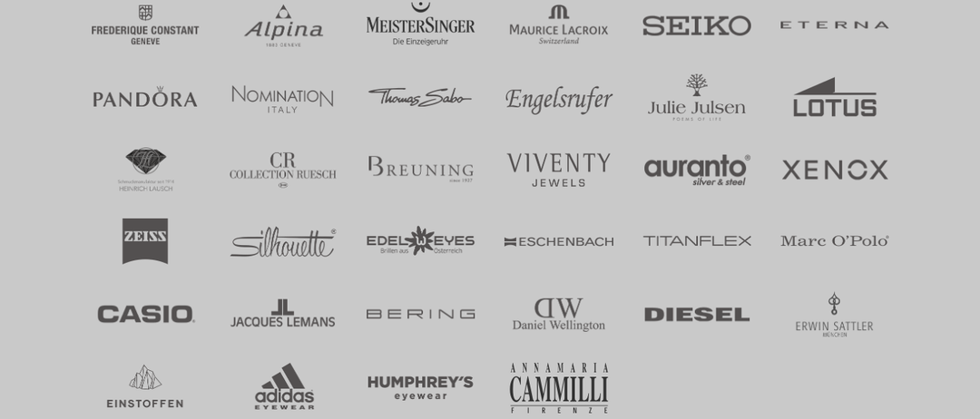 Sammlung von Logos von Marken wie Alpina, MeisterSinger, Maurice Lacroix, Seiko, Nomination, Thomas Sabo, Engelsrufer, Julie Julsen, CR Collection Ruesch, Breuning, Viventy Jewels, Aurano, Silhouette, Edel-Eyes, Eschenbach, Titanflex, JL Jacques Lemans, Bering, Daniel Wellington, Diesel, Adidas, Humphrey's, Annamaria Cammilli.