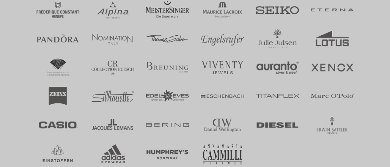 Sammlung von Logos von Marken wie Alpina, MeisterSinger, Maurice Lacroix, Seiko, Nomination, Thomas Sabo, Engelsrufer, Julie Julsen, CR Collection Ruesch, Breuning, Viventy Jewels, Aurano, Silhouette, Edel-Eyes, Eschenbach, Titanflex, JL Jacques Lemans, Bering, Daniel Wellington, Diesel, Adidas, Humphrey's, Annamaria Cammilli.