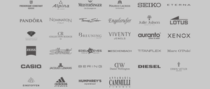 Sammlung von Logos von Marken wie Alpina, MeisterSinger, Maurice Lacroix, Seiko, Nomination, Thomas Sabo, Engelsrufer, Julie Julsen, CR Collection Ruesch, Breuning, Viventy Jewels, Aurano, Silhouette, Edel-Eyes, Eschenbach, Titanflex, JL Jacques Lemans, Bering, Daniel Wellington, Diesel, Adidas, Humphrey's, Annamaria Cammilli.