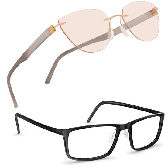 Zwei Brillenpaare sind abgebildet. Das obere Paar hat einen Roségoldrahmen und rosa Gläser. Das untere Paar ist schwarz mit klaren Gläsern. Beide Paare sind rechteckig.