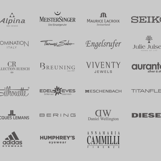 Ein Bild mit Logos verschiedener Luxusmarken, darunter Alpina, MeisterSinger, Seiko, Nomination, Thomas Sabo, Engelsrufer, Julie Julsen, CR Collection Ruesch, Breuning, Viventy Jewels, Auranton, Silhouette, Edel-Eyes, Eschenbach, Titanflex, Jacques Lemans, Bering, Daniel Wellington, Diesel, Adidas, Humphrey's und Annamaria Cammilli.