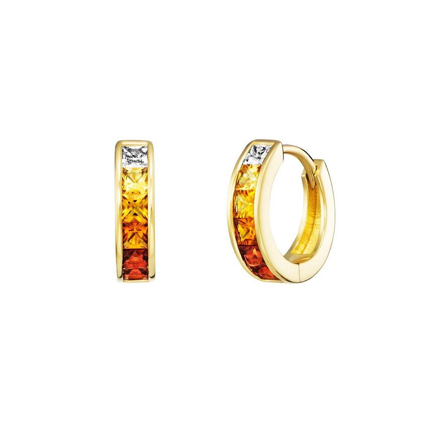 Ein Paar goldplattierte Ohrringe mit gelben und roten Edelsteinen, in einer quadratischen Form mit einem Diamanten an der Spitze gesetzt.