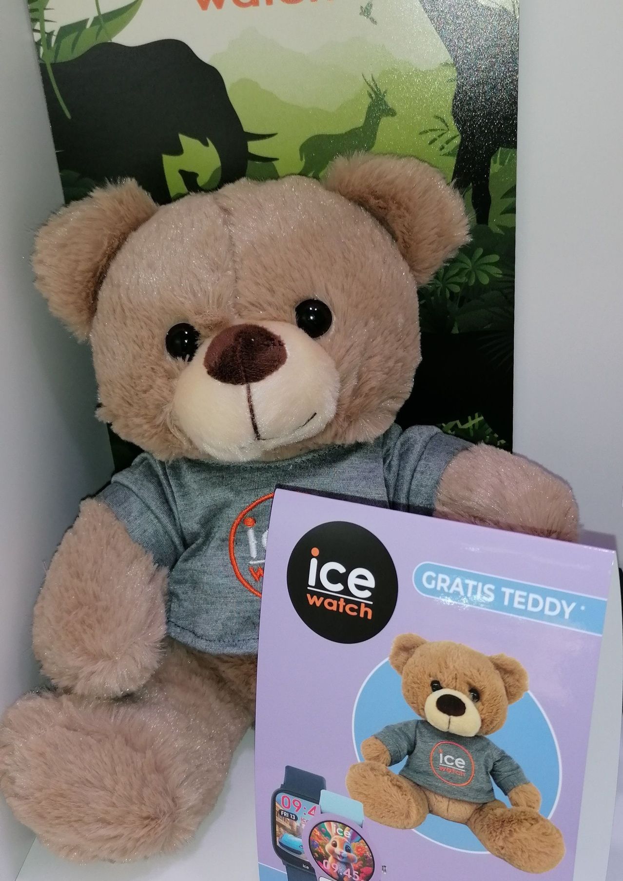 Ein brauner Teddybär trägt ein graues T-Shirt mit dem Ice Watch-Logo. Er hält eine lila Schachtel mit der Aufschrift 'GRATIS TEDDY'.