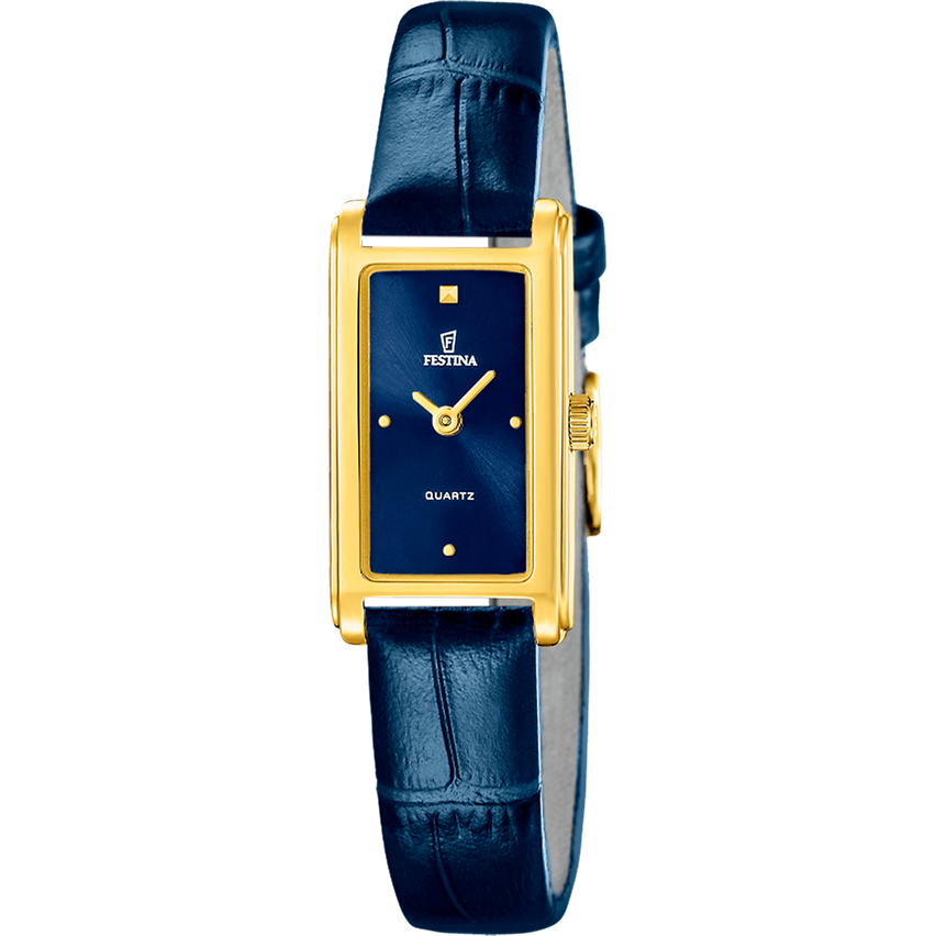 Eine goldfarbene Festina-Uhr mit blauem Zifferblatt und blauem Lederarmband. Das Zifferblatt zeigt 'Festina' und 'Quartz'.