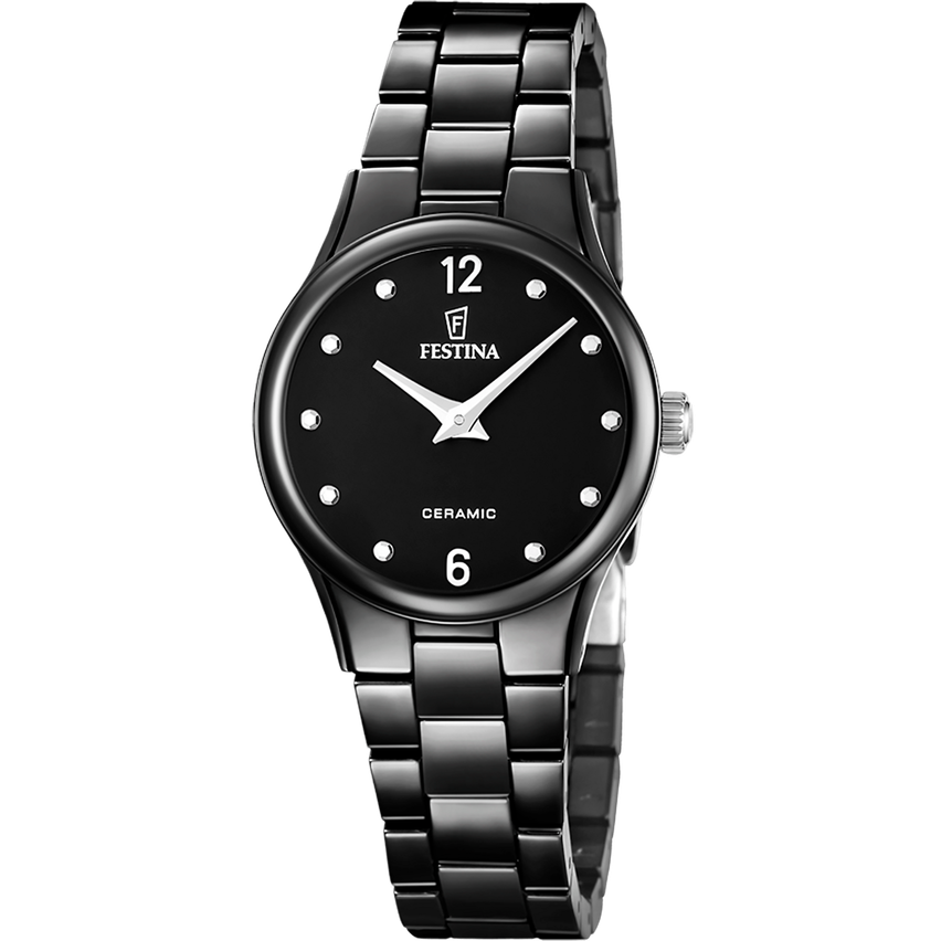 Eine schwarze Armbanduhr mit Keramik-Zifferblatt, silbernen Zeigern und einem schwarzen Metallband. Der Markenname Festina ist deutlich sichtbar.