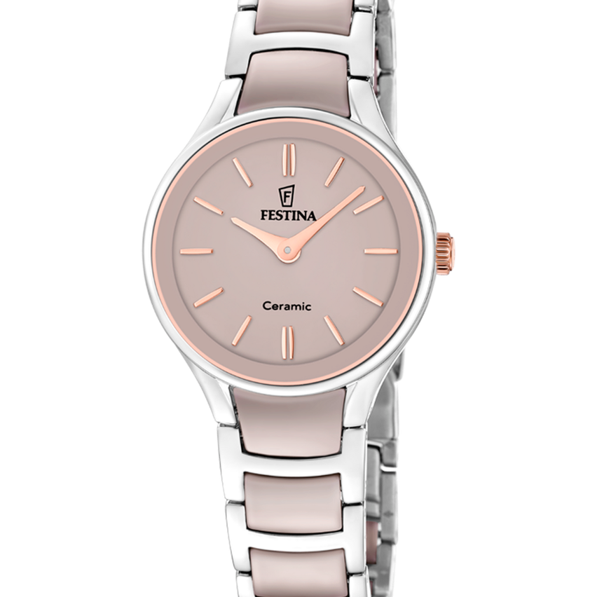 Eine silberne Festina-Uhr mit einem roségoldenen Gehäuse und einem Keramik-Zifferblatt, die die Zeit 10:10 anzeigt.