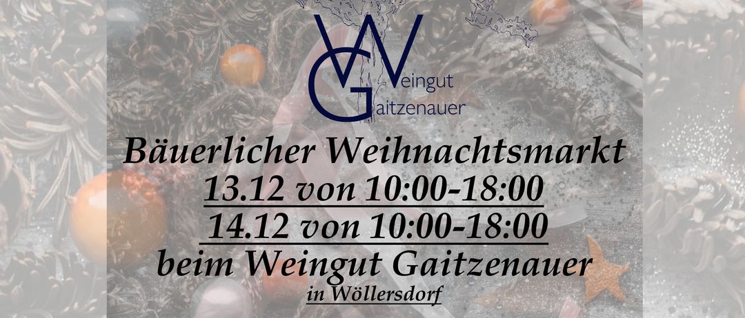 Bauernlicher Weihnachtsmarkt im Weingut Gaitzenauer am 13. und 14. Dezember von 10:00-18:00. Angeboten werden Buchenholzgeschirr, verschiedene Specksorten, Würste, Schmalz und mehr. Hausgemachte Liköre, Marmeladen, Weihnachtsbäckerei und vieles mehr. Prämierte Qualitätsweine bis zu minus 20%. Gelegen bei Staudlg. 2, 2752 Wolkersdorf. Tel: 0676/9194984. Website: www.weingutreicher.at.