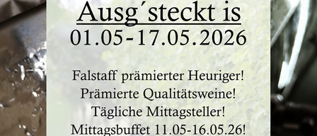 Werbeplakat für die Gaizenauer Weinstube, geöffnet vom 1. bis 17. Mai 2026. Tägliche Mittagsangebote und Buffet vom 11. bis 16. Mai. Menü auf www.weinheuriger.at.