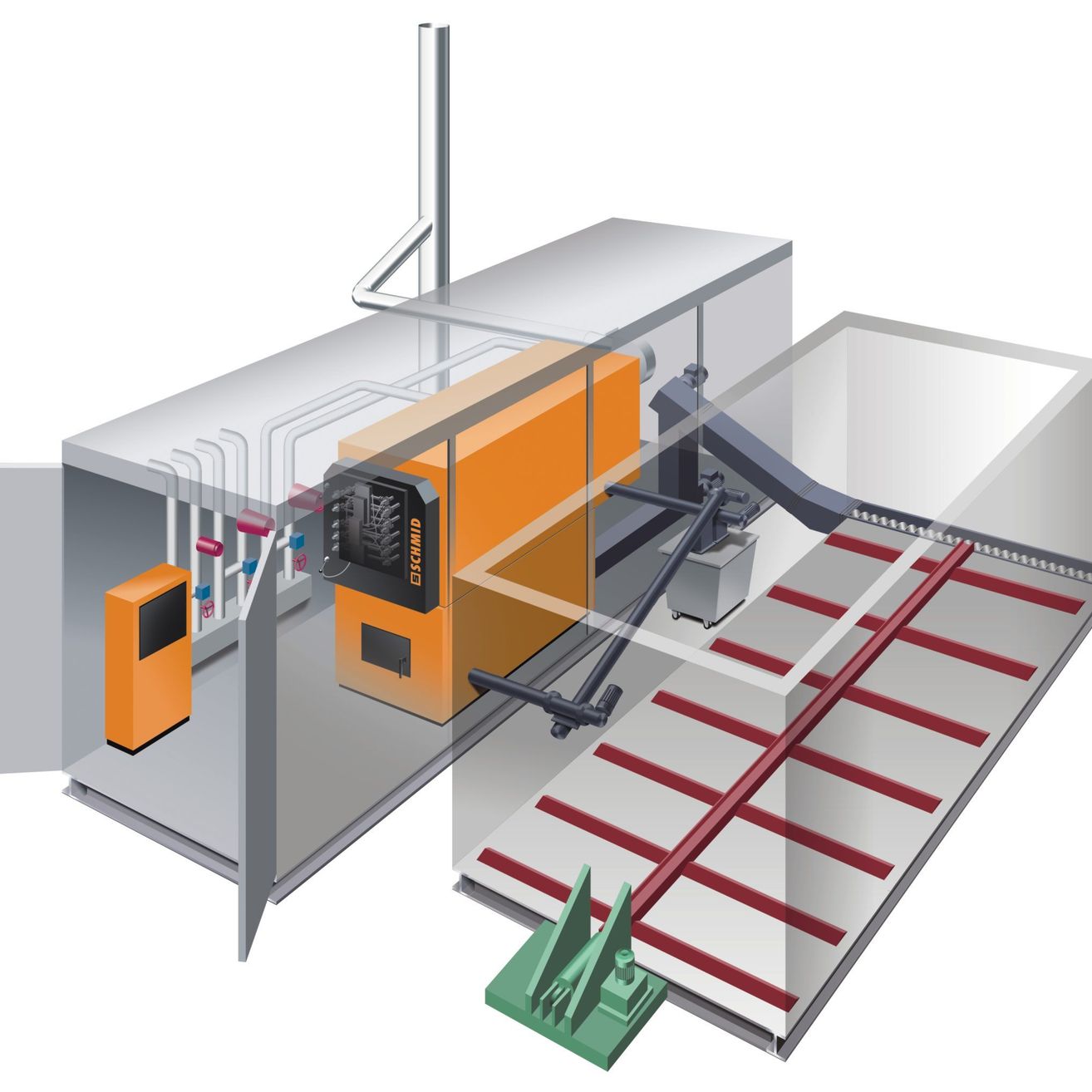 Das Bild zeigt ein mechanisches System mit einer transparenten Vorderabdeckung. Im Inneren ist eine orange Maschine mit verschiedenen Rohren und Schläuchen verbunden. Unten befindet sich ein roter Förderband.