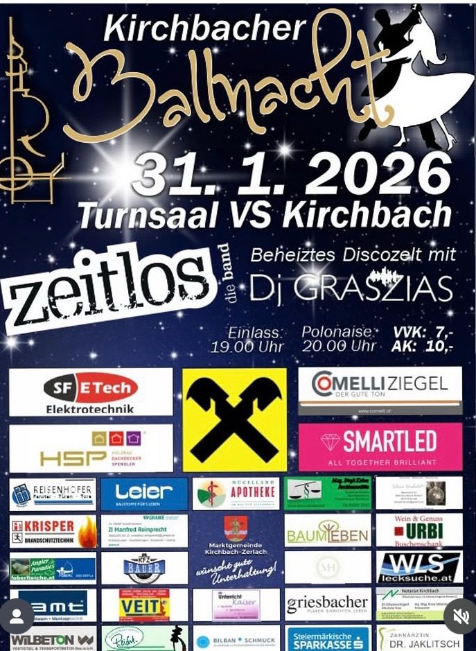 Plakat für eine Sportveranstaltung am 31. Januar 2026. Es zeigt die Teams Turnsaal und Kirchbach, mit DJ Graszias als DJ. Die Veranstaltung beginnt um 19 Uhr, Einlass ist um 19 Uhr und die Musik läuft bis 22 Uhr. Sponsoren und Werbung sind ebenfalls zu sehen.