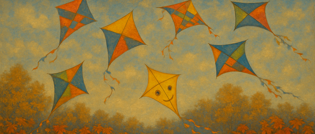 Ein Gemälde von sechs bunten Drachen, die mit einem lächelnden Gesicht im Zentrum fliegen. Die Drachen sind in verschiedenen Farben und Mustern. Der Hintergrund zeigt eine Landschaft mit Bäumen und einem Zaun.