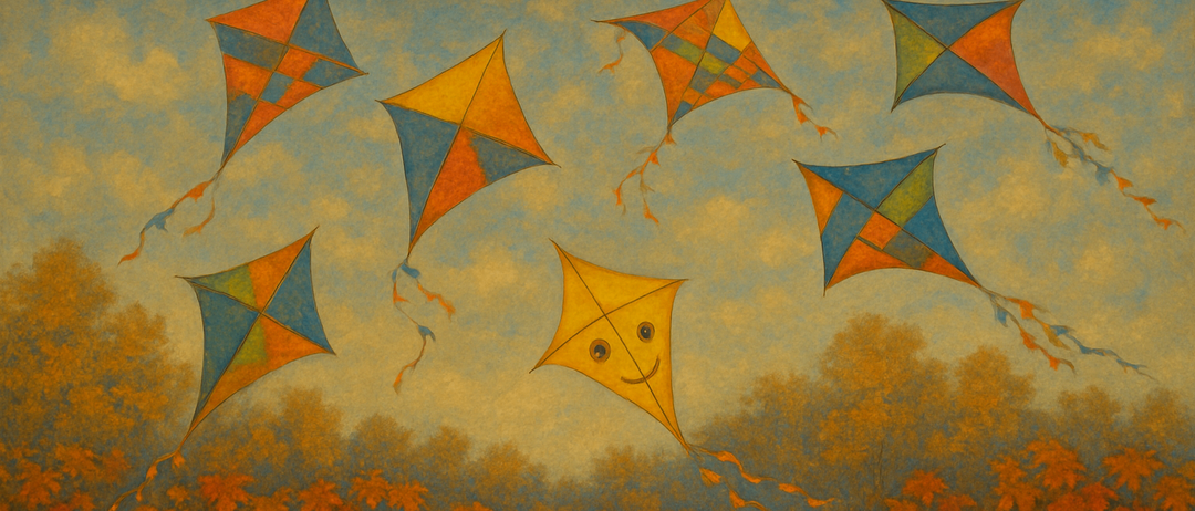 Ein Gemälde zeigt sechs Drachen in leuchtenden Farben, die in einem blauen Himmel fliegen, wobei ein Drache ein lächelndes Gesicht hat. Bäume mit roten Blättern sind im Hintergrund zu sehen.