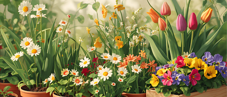 Eine Reihe bunter Blumen in Tontöpfen und Holzkisten. Verschiedene Blumenarten, darunter Gänseblümchen, Tulpen und Hornveilchen, sind auf einer weißen Oberfläche angeordnet.