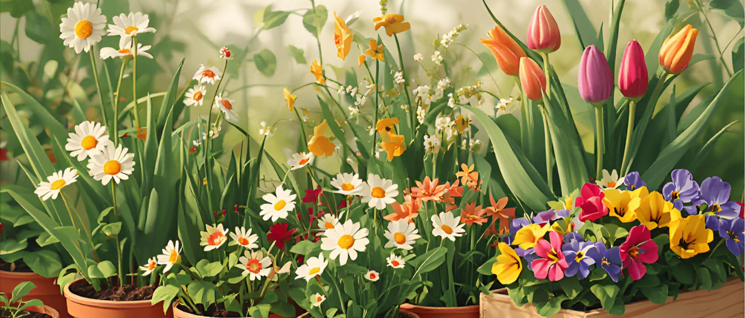 Eine Reihe bunter Blumen in Tontöpfen und Holzkisten. Verschiedene Blumenarten, darunter Gänseblümchen, Tulpen und Hornveilchen, sind auf einer weißen Oberfläche angeordnet.
