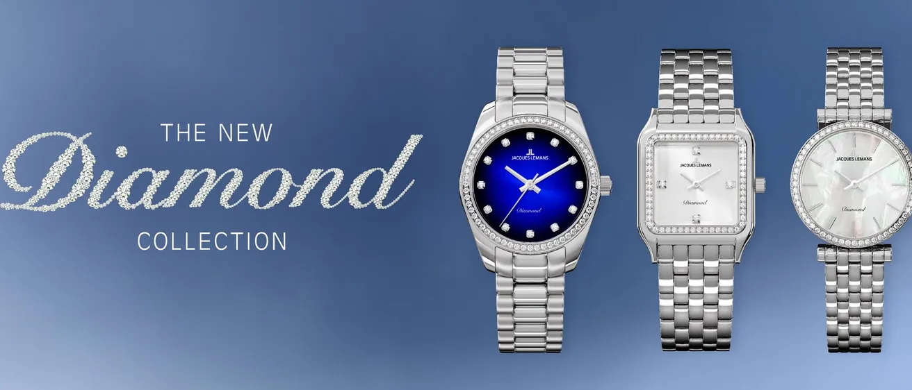 Eine silberne Armbanduhr mit blauem Zifferblatt und Diamantverzierungen auf dem Gesicht. Der Markenname Jacques Lemans ist auf dem Zifferblatt sichtbar. Die Uhr ist auf einem blauen Hintergrund mit weißem Text.