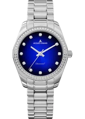 Eine silberne Uhr mit blauem Gesicht und Diamantakzenten. Das Gesicht hat einen weißen Zeiger und die Texte 'Jacques Lemans' und 'Diamond'.