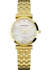 Eine goldene Armbanduhr mit einem Perlmutt-Zifferblatt und Diamant-Akzenten. Der Markenname Jacques Lemans ist oben angebracht.