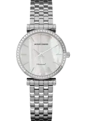Silberne Jacques Lemans Diamond Uhr mit einem Perlmutt-Zifferblatt und Diamantbesatz auf schwarzem Hintergrund.