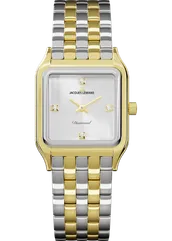 Eine goldfarbene und silberne Jacques Lemans Uhr mit weißem Zifferblatt und Diamantakzenten. Der Markenname steht oben.