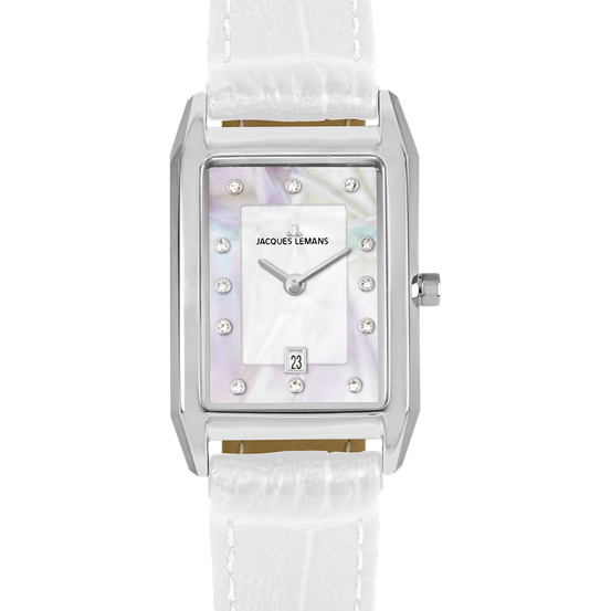 Eine silberne Armbanduhr mit einem weißen Lederarmband, mit einem rechteckigen Zifferblatt mit Perlmutt-Zifferblatt und silbernen Zeigern. Die Zeit ist 10:10.