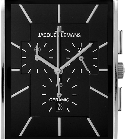 Eine schwarze und silberne quadratische Uhr von Jacques Lemans, die die Zeit als 10:10 anzeigt, mit einem Keramikgesicht.