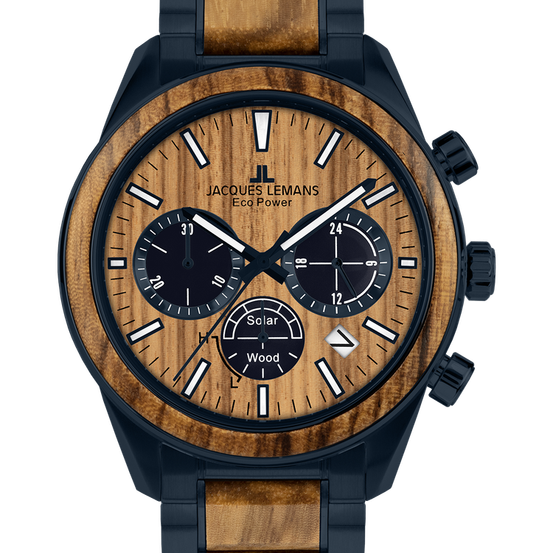 Eine Jacques Lemans Eco Power Uhr mit holzfarbenem Zifferblatt und braunem Lederarmband. Das Zifferblatt zeigt die Zeit 10:10 an und enthält einen Solarenergie-Indikator.