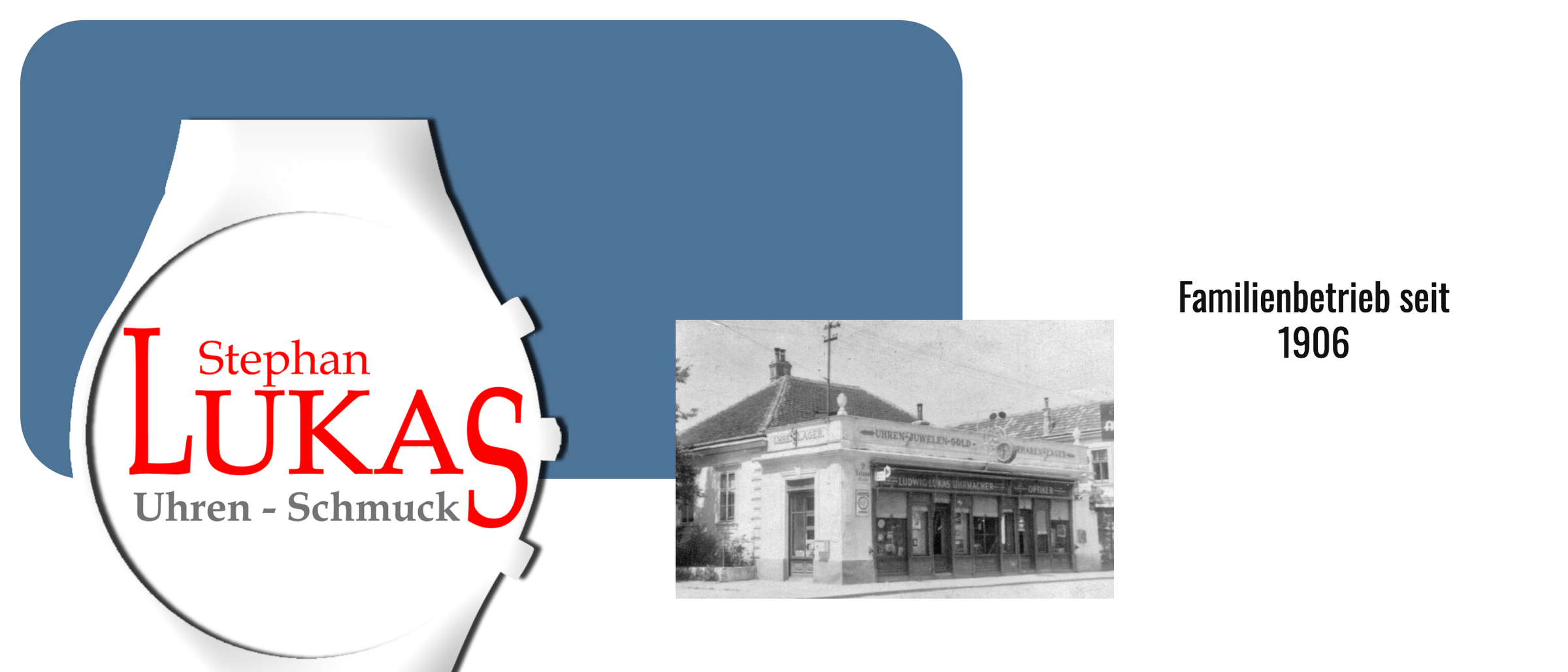 Ein altes Bild eines Gebäudes namens Ludwig Uhren-Gold-macher. Das Bild ist schwarz-weiß.