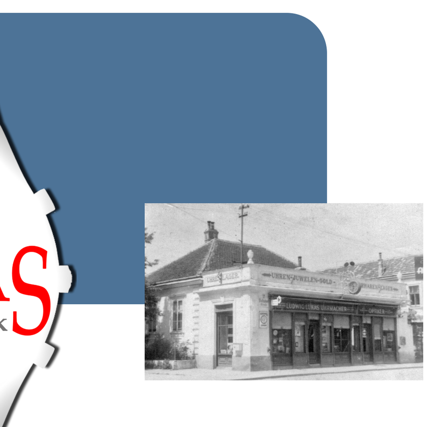 Ein altes Bild eines Gebäudes namens Ludwig Uhren-Gold-macher. Das Bild ist schwarz-weiß.