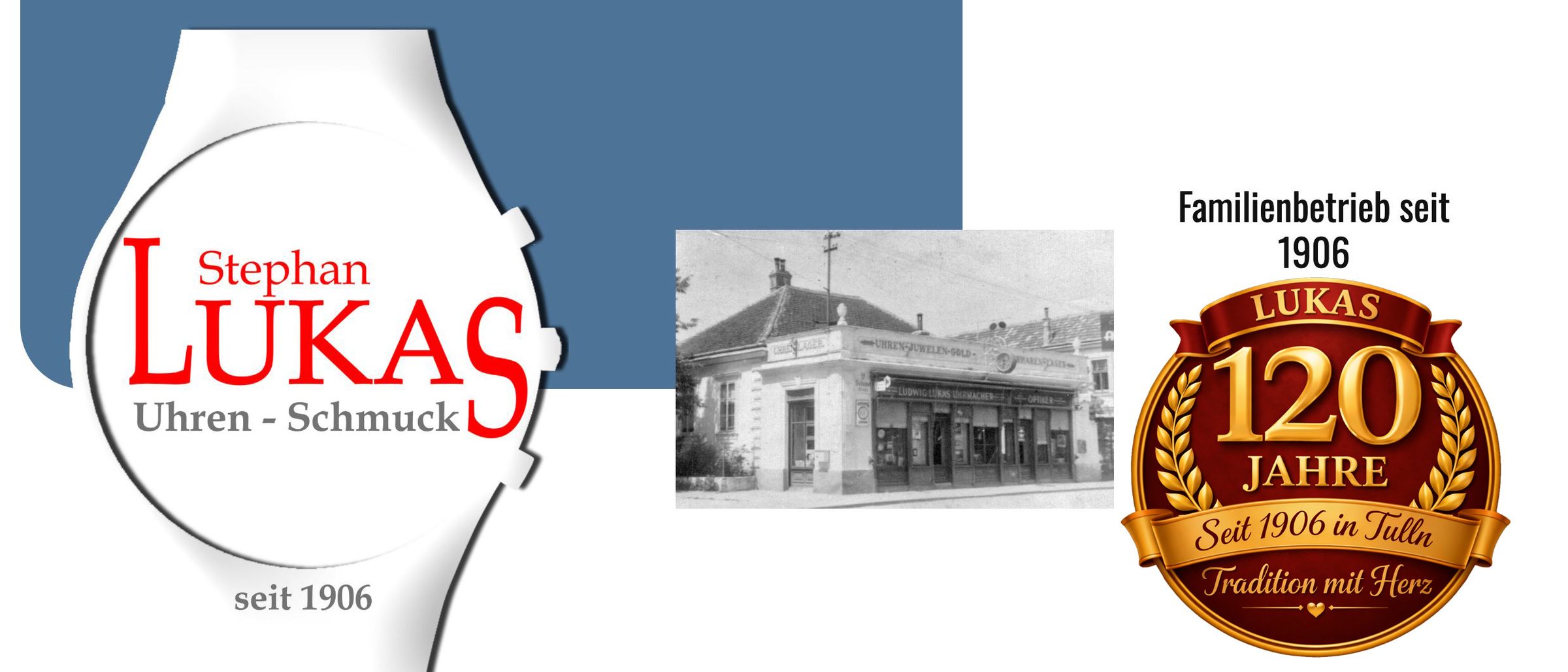 Ein historisches Gebäude mit einem Schild, auf dem 'Ludwig & Söhne Uhrmacher' steht, und einem Logo für 'Fan Kuck' und eine goldene Medaille mit der Nummer '56'.