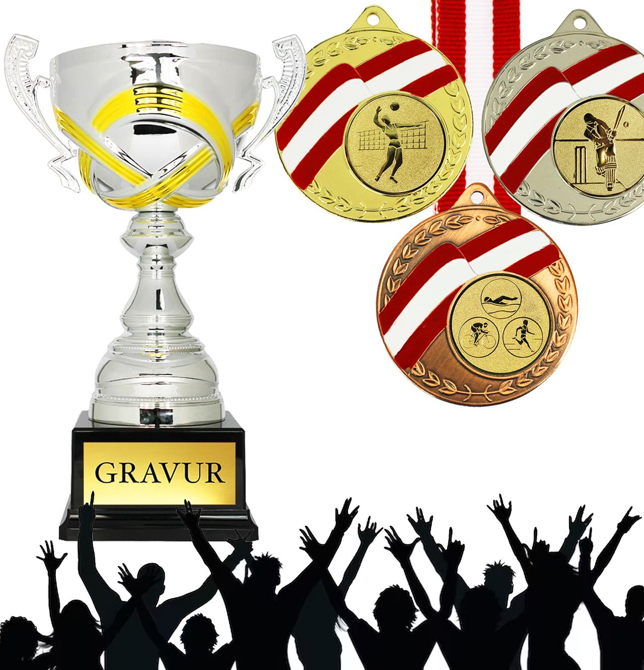 Ein Pokal und drei Medaillen werden vor einem Hintergrund jubelnder Zuschauer gezeigt. Der Pokal ist silbern mit einem gelben Streifen. Die Medaillen sind gold, bronze und silber mit Sportikonen.