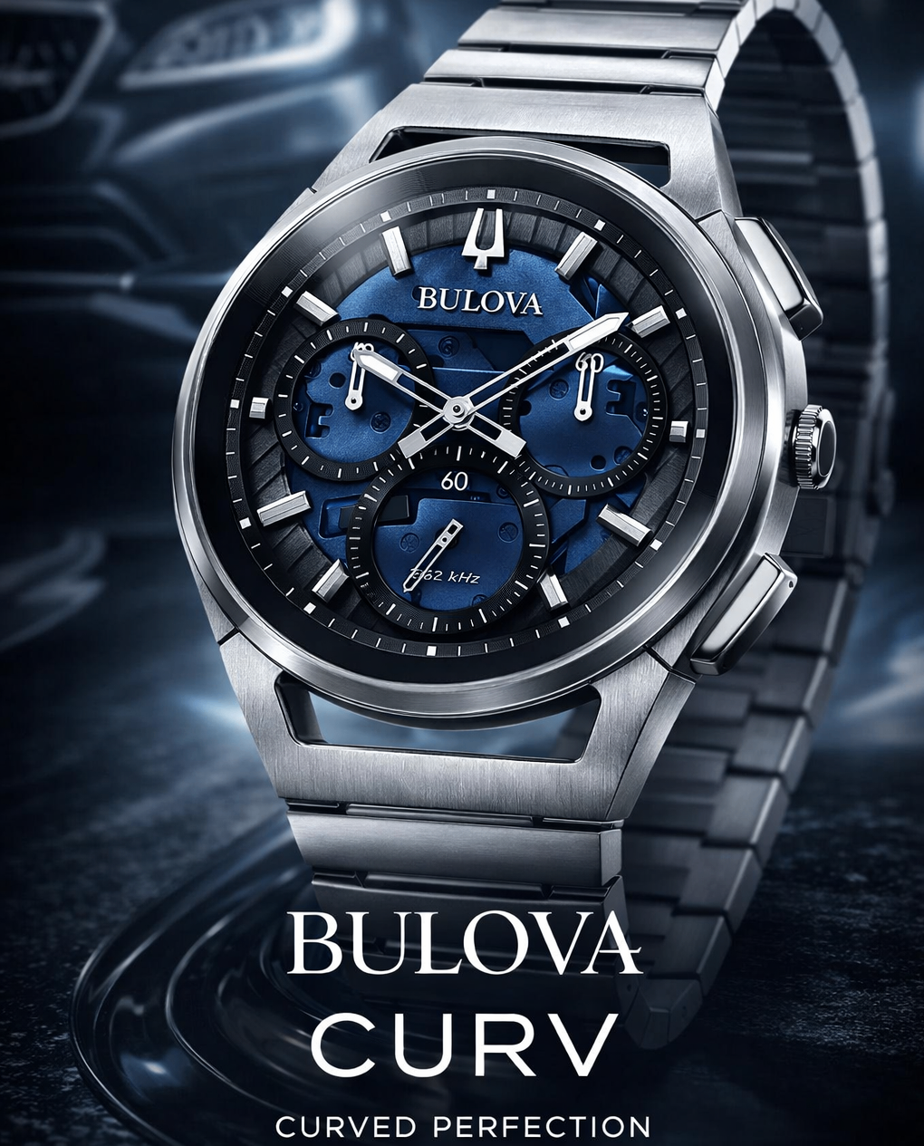 Eine Bulova Uhr mit blauem Zifferblatt und silbernen Akzenten wird vor einem dunklen Hintergrund gezeigt. Das Uhrenface zeigt die Zeit und zeichnet sich durch ein einzigartiges Design aus.
