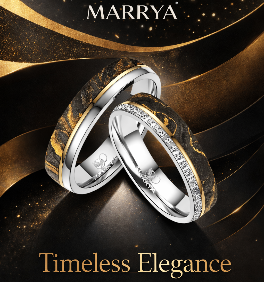 Zwei goldene und silberne Eheringe auf schwarzem und goldenem Hintergrund, mit dem Markennamen 'MARRYA' und den Worten 'Timeless Elegance' prominent angezeigt.