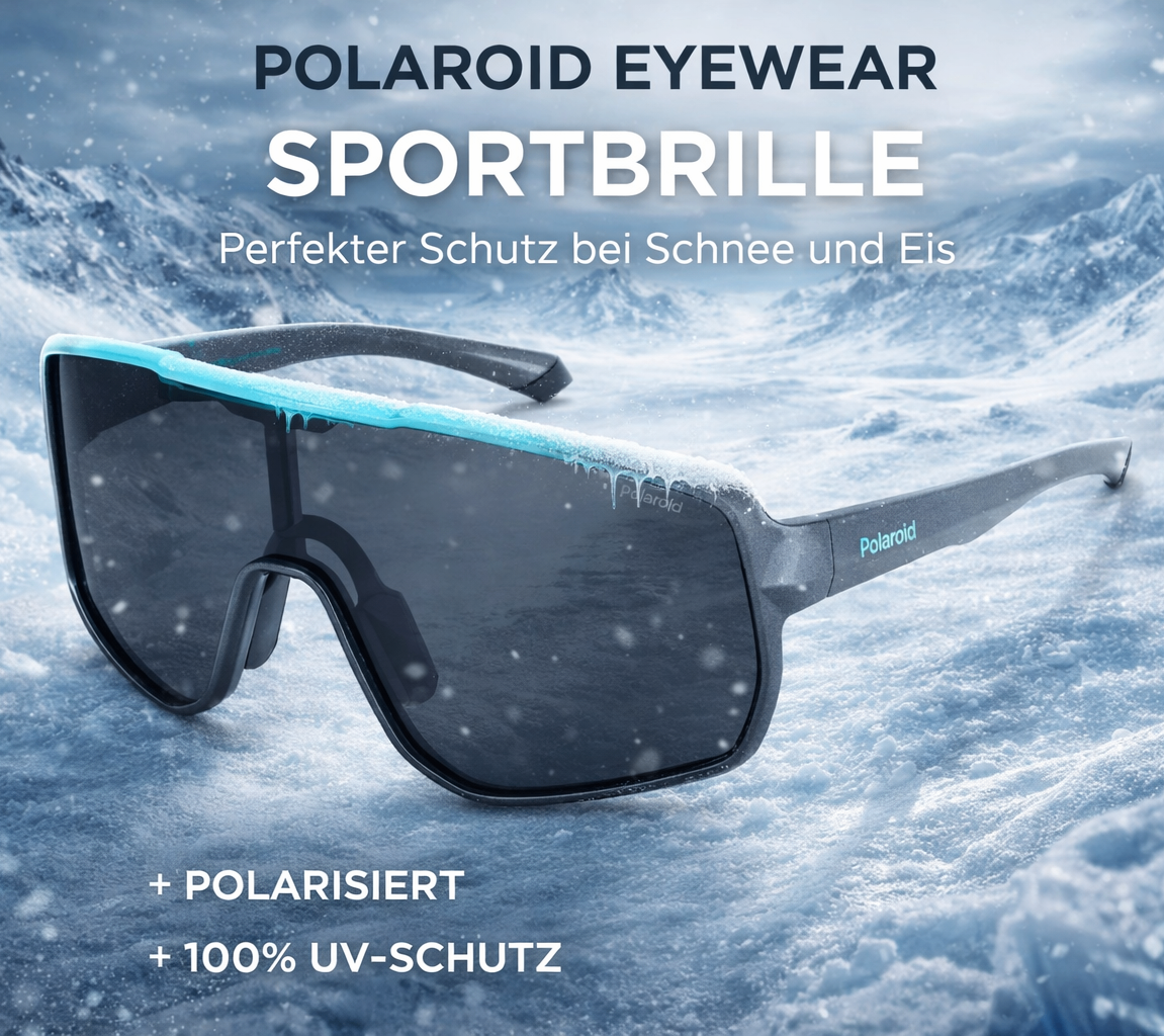 Polaroid Eyewear Sportbrille im Schnee mit Eis. Perfekter Schutz gegen Schnee und Eis. Polarisiert und 100% UV-Schutz.