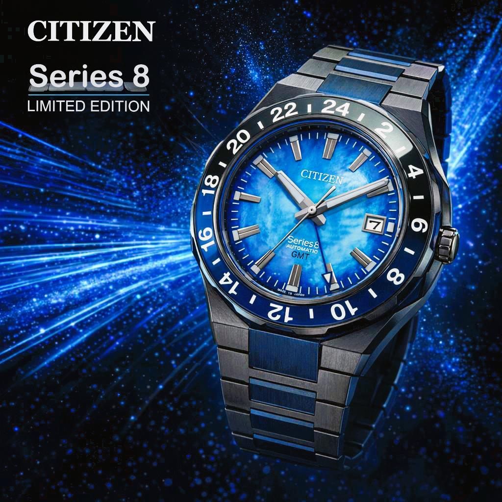 Citizen Serie 8 Limited Edition Uhr mit blauem Zifferblatt, silbernen Zeigern und schwarzem und blauem Band auf dunkelblauem Hintergrund.