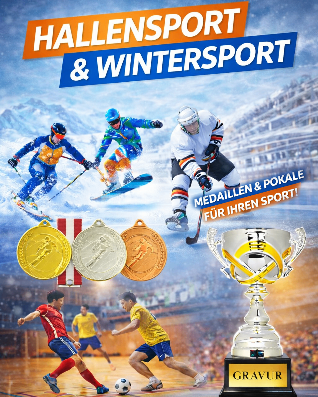 Werbeposter für Wintersport mit Medaillen, Athleten auf Skiern und mit Eishockeyausrüstung und einem Pokal. Helme, Handschuhe und Eishockeyschläger sichtbar.