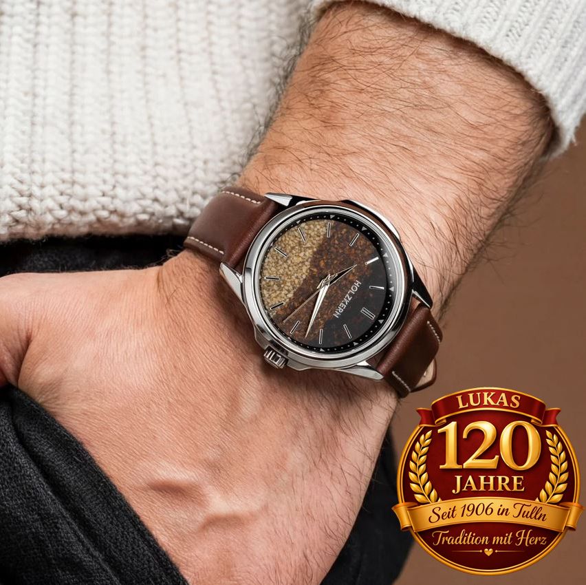 Ein Mann, der einen weißen Pullover und ein schwarzes Hemd trägt, zeigt eine Armbanduhr mit einem braunen Lederarmband. Das Uhrengehäuse hat ein einzigartiges Design. Es steht 'Lukas 120 Jahre' mit einem goldenen Emblem.