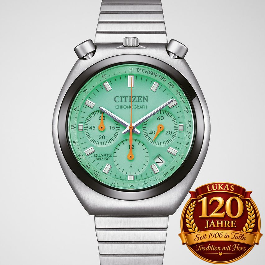 Citizen Quarz-Chronograph mit grünem Zifferblatt und silbernem Armband. Logo, das 120 Jahre seit 1906 anzeigt.
