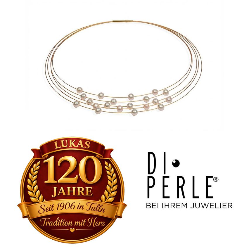 Eine goldene Halskette mit Perlen auf weißem Hintergrund. Ein Logo darunter zeigt 'Lukas 120 Jahre' und 'DI PERLE' mit einem roten Band.