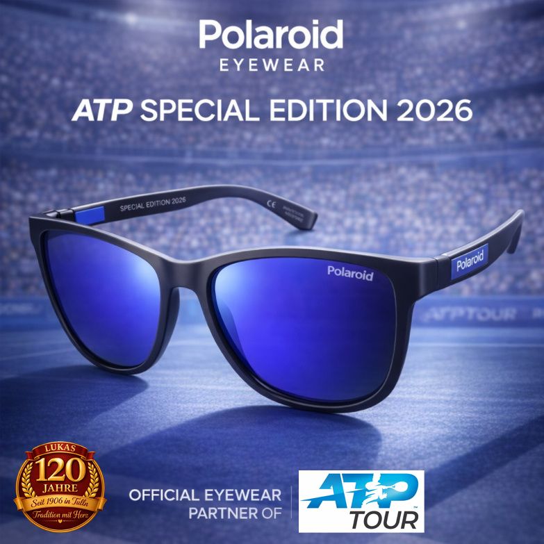Polaroid-Sonnenbrille, ATP Sonderedition 2026. Blaue polarisierte Gläser. Offizieller Augenoptikpartner der ATP Tour. Feiern von 120 Jahren.