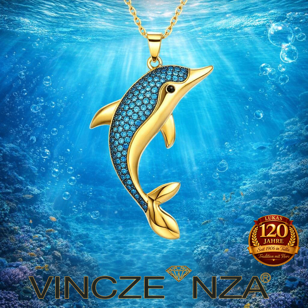 Ein goldener Delfinanhänger mit blauen Steinen und einem schwarzen Auge hängt im Ozean. Er stammt von Vincze Nza, gegründet 1906.