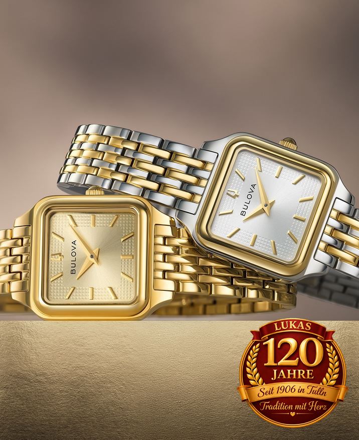 Zwei goldene und silberne Bulova-Uhren auf einem braunen Hintergrund. Die Uhren haben quadratische Zifferblätter mit weißen Zifferblättern und goldenen Zeigern. Das Markenlogo befindet sich oben.