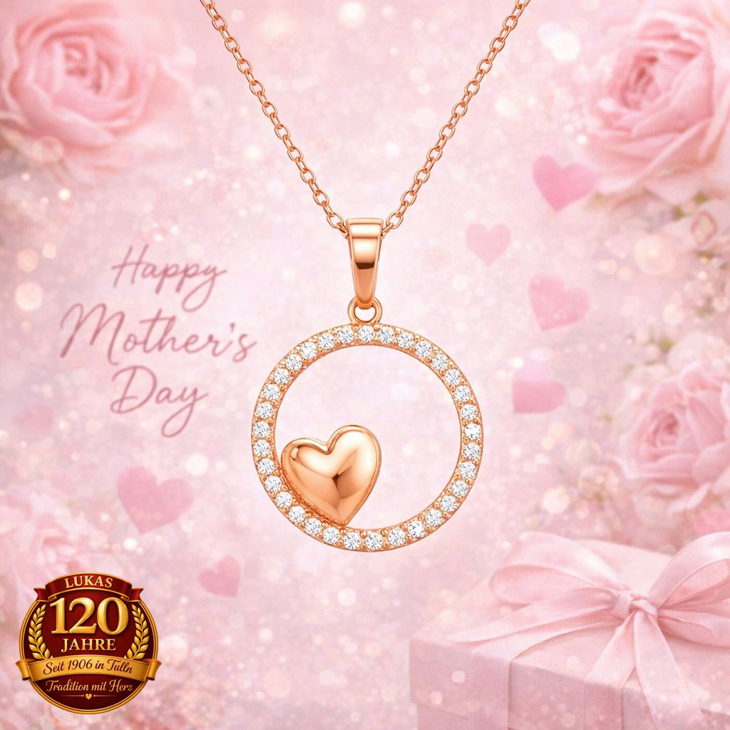 Ein Herzanhänger aus Gold mit Diamanten auf einem rosa Hintergrund. Es steht Happy Mother's Day. Die Halskette ist aus Roségold.