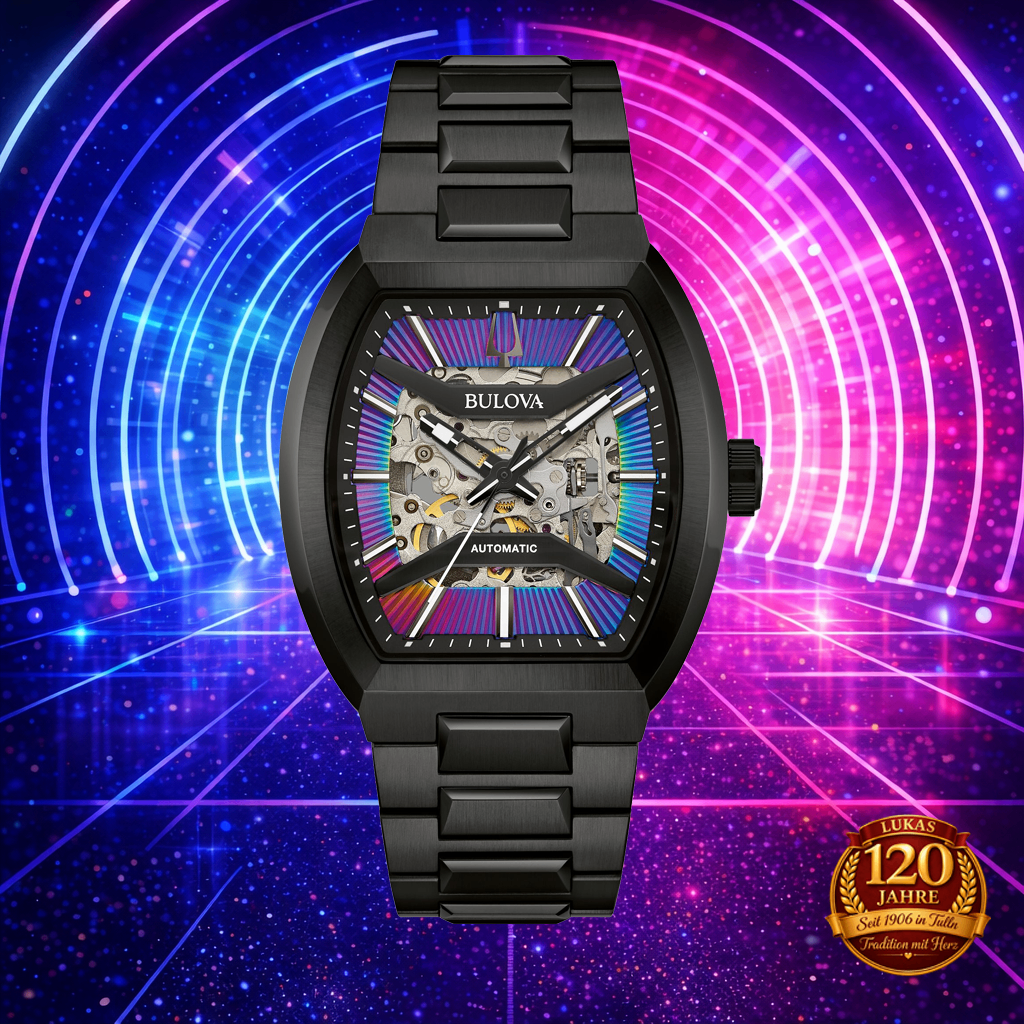 Eine elegante schwarze Bulova Automatikuhr mit einem farbenfrohen Zifferblatt und sichtbarer Mechanik durch die transparente Rückseite, vor einem lebendigen, futuristischen Hintergrund.