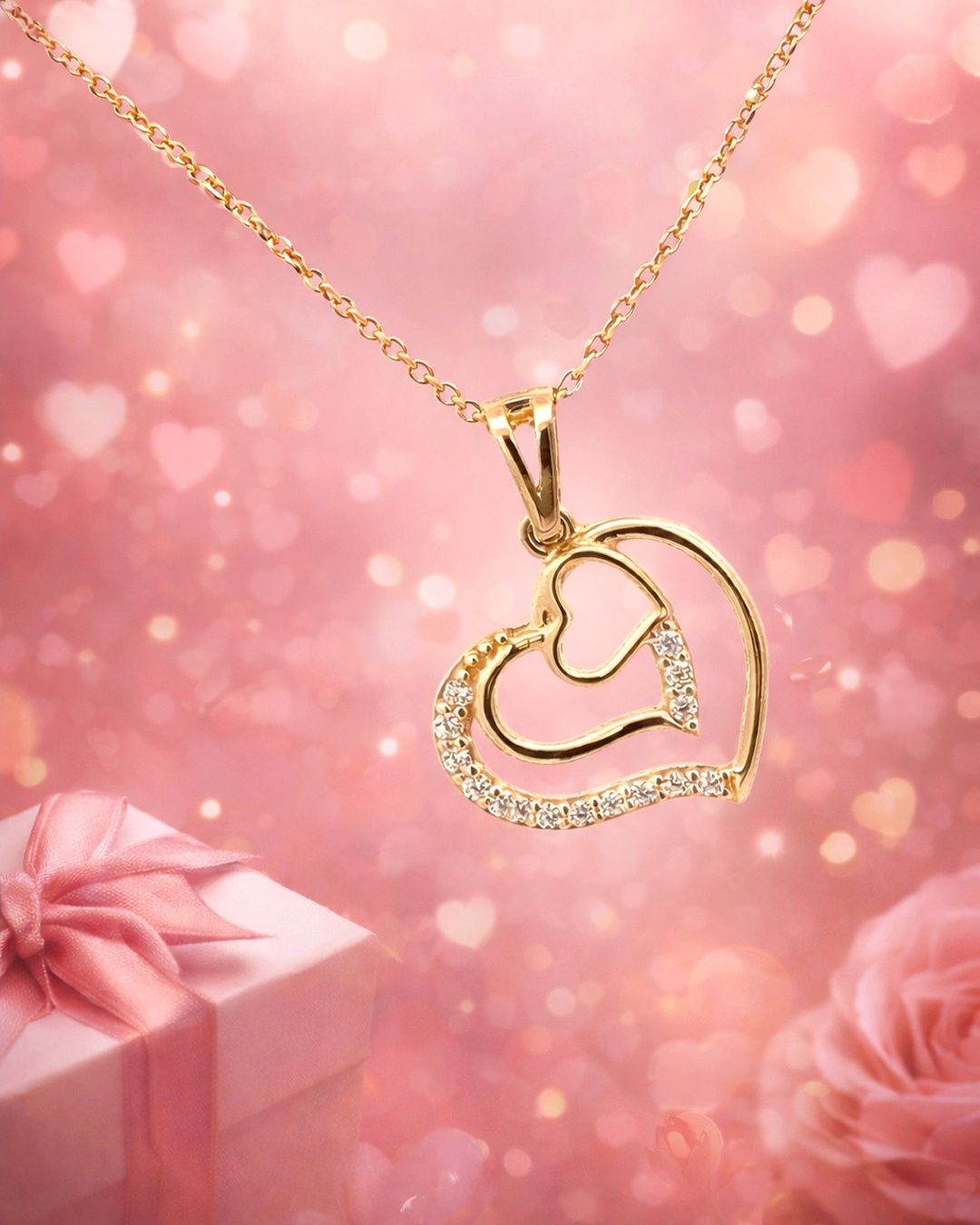 Eine goldene Herzkette mit Diamanten schmückt einen rosa Hintergrund. Die Halskette hat einen Herzanhänger mit funkelnden Diamanten. Eine rosa Geschenkbox ist links platziert.